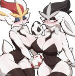  2023 absurd_res anthro big_breasts blush breasts bunny_costume cinderace clothed clothing cooliehigh costume duo female fur generation_8_pokemon hi_res huge_breasts legwear nintendo pokemon pokemon_(species) white_body white_fur 