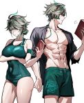  1boy 1girl =3 abs alhaitham_(genshin_impact) arm_under_breasts black_shirt book breasts cleavage closed_mouth dual_persona genderswap genderswap_(mtf) genshin_impact godwkgodwk green_hair green_one-piece_swimsuit grey_hair hair_between_eyes highres holding holding_book large_breasts male_swimwear multicolored_hair nipples one-piece_swimsuit open_clothes open_shirt shirt simple_background swimsuit toned toned_male white_background 