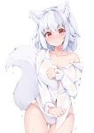  1girl animal_ears blush breasts cleavage closed_mouth commentary_request cowboy_shot inubashiri_momiji large_breasts looking_at_viewer panties red_eyes rururiaru shirt short_hair simple_background solo tail tearing_up touhou underwear white_background white_panties white_shirt wolf_ears wolf_girl wolf_tail 