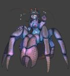  1girl antennae arthropod_girl arthropod_limbs breasts carapace claws cleavage colored_skin covered_nipples full_body grey_background highres long_hair monster_girl multicolored_skin open_mouth original panicking purple_skin red_eyes sharp_teeth solo stalk_eyes sweat teeth upper_teeth_only user_zmsc3572 