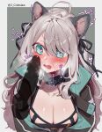  1boy 1girl absurdres animal_ears aqua_eyes arknights black_ribbon blush breasts cat_ears cleavage collarbone disembodied_penis grey_hair hair_between_eyes hair_ribbon heart heart_in_eye hetero highres jacket long_hair medium_breasts mint_(arknights) mirin_chikuwa open_mouth penis penis_awe ribbon solo_focus symbol_in_eye 