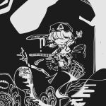  1girl 3ma_can_omochi abstract beckoning black_theme bone bug butterfly commentary dress hair_over_one_eye half-closed_eyes hat highres light_smile looking_at_viewer mob_cap monochrome no_pupils one_eye_covered outstretched_hand saigyouji_yuyuko short_hair solo straight-on touhou triangular_headpiece 