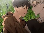  2boys blurry blurry_background brown_hair brown_hoodie closed_eyes closed_mouth deokeundae612 expressionless highres hood hoodie ilay_riegrow jeong_taeui korean_text looking_at_another lying male_focus multiple_boys on_grass on_side parted_lips passion_(manhwa) short_hair sweater_vest translation_request tree_shade upper_body white_hair yaoi 