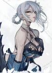  1girl bandages bare_shoulders black_gloves braid breasts cleavage cropped_torso detached_sleeves flower gloves grey_hair hair_flower hair_ornament hand_up kaine_(nier) large_breasts lingerie negligee nier nier_(series) orange_eyes parted_lips simple_background smile solo teeth underwear walzrj white_background 