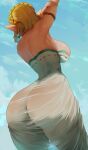 1girl araneesama armlet arms_up ass back bare_shoulders blonde_hair blue_sky breasts dress earrings highres huge_ass jewelry large_breasts pointy_ears princess_zelda short_hair sideboob sky solo the_legend_of_zelda the_legend_of_zelda:_tears_of_the_kingdom thighs white_dress 