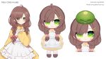  1girl apron black_footwear blush bow braid brown_hair chibi creature_on_head dress english_commentary full_body green_eyes hair_behind_ear hair_bow hair_ornament highres indie_virtual_youtuber joo_gumoon looking_at_viewer miori_celesta miori_celesta_(5th_costume) mogu_(miori_celesta) musical_note musical_note_hair_ornament official_art pink_bow reference_sheet riiit44 second-party_source shoes slime_(creature) smile straight-on treble_clef twin_braids twitter_username virtual_youtuber white_apron yellow_dress 