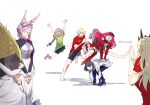  3girls 4boys animal_ears astolfo_(fate) barefoot beard black_hair blonde_hair blue_pants braid braided_ponytail buster_shirt closed_eyes detached_sleeves don_quixote_(fate) dress facial_hair fairy_knight_gawain_(fate) fairy_knight_tristan_(fate) fate/grand_order fate_(series) glasses green_shirt helmet highres horns horse_ears horse_girl house_tag_denim jumping long_hair long_sleeves multiple_boys multiple_girls oberon_(fate) oberon_(third_ascension)_(fate) open_mouth pants pink_hair pointy_ears quick_shirt red_dress red_shirt roland_(fate) sancho_(fate) shirt short_hair short_sleeves sidelocks smile squatting tiara white_hair white_shirt 