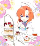  1girl :d beret blue_eyes blue_flower blue_wrist_cuffs blush bob_cut bow bowtie cake cake_slice close-up commentary_request cup dress eyes_visible_through_hair floral_background flower food hair_between_eyes hands_up hat higurashi_no_naku_koro_ni looking_at_food open_mouth orange_hair own_hands_together pink_flower puffy_short_sleeves puffy_sleeves purple_bow purple_bowtie ryuuguu_rena short_hair short_sleeves simple_background smile solo suzuragi_karin sweets tareme tea teacup teapot white_background white_dress white_headwear wide-eyed wrist_cuffs 