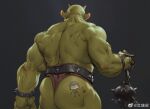  1boy ass back bara bracelet colored_skin facing_away from_behind green_skin horns huge_ass jewelry mace male_focus monster_boy muscular muscular_male original skin-covered_horns solo spiked_bracelet spiked_mace spikes strongman_waist thick_thighs thighs tooboshoo topless_male troll weapon 