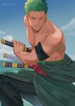  1boy bandana_around_arm bara black_pants blue_eyes earrings green_hair grin highres holding holding_weapon japanese_clothes jewelry kimono kneeling looking_at_viewer male_focus muscular muscular_male one_eye_closed one_piece pants pectorals roronoa_zoro scar scar_across_eye short_hair smile solo sword topless_male twitter_username uhai v-shaped_eyebrows weapon 