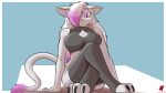  abstract_background anthro big_breasts breasts cleavage clothed clothing crossed_legs felid feline female harkrun hi_res legwear looking_at_viewer mammal sitting sitting_on_ground solo stockings 