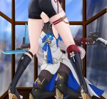  2girls absurdres arms_behind_back bayonet bronya_rand cunnilingus cunnilingus_through_clothes highres honkai:_star_rail honkai_(series) long_hair multiple_girls oral pussy_juice restrained rope saliva shorts spread_legs standing standing_cunnilingus thighs topaz_(honkai:_star_rail) weapon yanshio yuri 