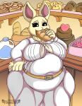  absurd_res anthro beastars belly big_belly big_breasts big_butt breasts butt clothed clothing curvy_figure digital_media_(artwork) domestic_rabbit dwarf_rabbit eating eating_food feeding female fur hair haru_(beastars) hi_res horn huge_breasts huge_butt huge_hips huge_thighs hyper hyper_belly hyper_breasts inflation lagomorph leporid mammal neo_geppetto nipples open_mouth oryctolagus overweight overweight_anthro overweight_female rabbit slightly_chubby smile solo text thick_thighs tight_clothing voluptuous weight_gain wide_hips 