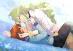  2boys :d bangle bangs black_pants blue_flower blue_jacket bracelet brown_hair brown_pants commentary_request day eye_contact falling_petals field flower flower_field from_side green_hair highres hilbert_(pokemon) holding holding_flower jacket jewelry long_hair long_sleeves looking_at_another lying male_focus multiple_boys n_(pokemon) on_back open_mouth outdoors pants petals pokemon pokemon_(game) pokemon_bw shirt short_hair smile tarai_(yamadarairai) undershirt white_shirt yaoi 