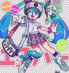  1girl :d bag beanie blue_bag blue_eyes blue_hair blue_socks bracelet collared_shirt commentary_request gloves grey_skirt hair_between_eyes hair_ribbon hat hatsune_miku headphones jewelry long_hair looking_at_viewer meloetta meloetta_(aria) open_mouth outstretched_arms piano_print plaid plaid_skirt pleated_skirt pokemon pokemon_(creature) polo_shirt project_voltage psychic_miku_(project_voltage) red_ribbon ribbon shirt shoes short_sleeves shoulder_bag single_glove skirt smile sneakers socks solo standing twintails very_long_hair vocaloid white_footwear white_gloves white_headwear white_shirt yuusuke-kun 
