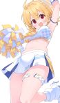  1girl :d arm_up armlet armpits blonde_hair blue_archive braid breasts commentary_request from_below hair_between_eyes halo highres holding holding_pom_poms ima_(lm_ew) kotori_(blue_archive) kotori_(cheer_squad)_(blue_archive) looking_at_viewer looking_down loose_socks low_twintails medium_hair navel official_alternate_costume official_alternate_hairstyle pleated_skirt pom_pom_(cheerleading) red_eyes sidelocks signature simple_background single_braid skirt sleeveless smile socks solo standing standing_on_one_leg stomach thighhighs thighlet twintails underboob white_background white_socks white_thighhighs 