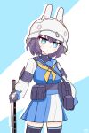  1girl blue_archive blue_serafuku green_eyes halo light_blue_background neckerchief purple_hair saki_(blue_archive) school_uniform serafuku short_hair simple_background white_background white_helmet yellow_neckerchief 