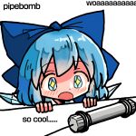  +_+ 1girl blue_bow blue_eyes blue_hair blush bomb bow cirno english_text explosive hair_bow ice ice_wings kasuya_baian meme open_mouth parody pipe_bomb simple_background solo table touhou white_background wings woah_pipe_bomb_(meme) 