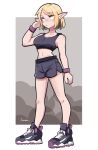  1girl amazu_(kurozu) bare_shoulders blank_eyes blonde_hair breasts collarbone commentary commission english_commentary full_body grey_footwear grey_shorts hand_up highres medium_breasts original pointy_ears short_hair short_shorts shorts signature solo swept_bangs 
