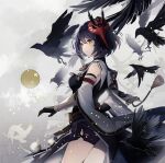  1girl absurdres animal bare_legs bird bird_mask black_gloves breast_curtain breasts closed_mouth crow detached_sleeves genshin_impact gloves hair_between_eyes highres japanese_clothes kujou_sara long_sleeves mask mask_on_head medium_breasts merry-san short_hair solo tengu_mask white_background yellow_eyes 