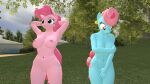  16:9 3d_(artwork) anthro anthrofied big_breasts breasts covering covering_breasts covering_crotch covering_self digital_media_(artwork) duo embarrassed equid equine exhibitionism female friendship_is_magic genitals hands_behind_head hasbro hi_res mammal mature_female mrs._cake_(mlp) my_little_pony navel nipples nude outside papadragon69 pinkie_pie_(mlp) plant pussy tree widescreen 
