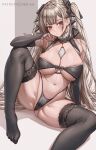  1girl abpart artist_name azur_lane black_bra black_panties black_thighhighs blush bra breasts bridal_gauntlets cameltoe closed_mouth formidable_(azur_lane) grey_eyes highres knee_up large_breasts long_hair looking_at_viewer navel no_shoes panties patreon_username red_eyes sitting solo stomach thighhighs thighs twintails underwear very_long_hair 