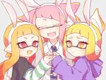  3girls animal_ears blonde_hair closed_eyes commentary diagonal_bangs holding_hands hood hoodie inkling inkling_girl inuowour long_hair multiple_girls open_mouth pink_hair pointy_ears pout purple_hoodie rabbit_ears red_eyes red_hair simple_background splatoon_(series) symbol-only_commentary upper_body white_background yellow_eyes 
