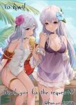  2girls against_fence alternate_costume bare_shoulders beach bikini blue_eyes breasts circlet cleavage collar commission english_text fence fire_emblem fire_emblem:_genealogy_of_the_holy_war fire_emblem:_thracia_776 flower food grey_hair hair_flower hair_ornament haru_(nakajou-28) highres holding holding_ice_cream_cone ice_cream ice_cream_cone julia_(fire_emblem) long_hair long_sleeves looking_at_viewer medium_breasts multiple_girls ocean one-piece_swimsuit outdoors purple_bikini purple_eyes purple_hair sara_(fire_emblem) see-through see-through_swimsuit sitting small_breasts stomach swimsuit thigh_strap thighs very_long_hair white_one-piece_swimsuit wooden_fence 
