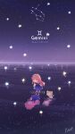  1girl brown_eyes cat character_name constellation copyright_name dated dated_commentary dress english_commentary gemini_(constellation) gemini_(zodiac) highres momo_(miracle_nikki) night night_sky nikki_(miracle_nikki) official_art open_mouth pink_hair purple_dress reflection reflective_water shining_nikki shooting_star sky standing standing_on_liquid star_(sky) starry_sky white_cat yellow_cloak 