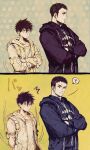  ? black_hair blue_hoodie closed_mouth dokuga dorohedoro eye_tattoo highres hood hoodie kai_(dorohedoro) light_blush motion_lines open_clothes open_hoodie panco shirt sideburns sound_effects spoken_question_mark translation_request white_hoodie white_shirt 