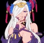  1girl armor bare_shoulders blue_eyes breasts cleavage cleavage_cutout clothing_cutout dragon_girl fire_emblem fire_emblem_engage hair_ornament hair_over_one_eye hand_on_own_face hiiroisgundam horns large_breasts long_hair looking_at_viewer pointy_ears simple_background solo white_hair zephia_(fire_emblem) 