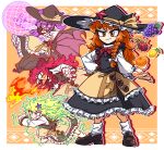  1girl :q amerika_zarigani azusa_(cookie) black_headwear black_skirt black_vest blonde_hair blue_eyes bow bowtie braid breathing_fire brown_footwear buttons closed_mouth commentary_request cookie_(touhou) dragon_fruit dragon_girl dragon_wings electricity fire flat_chest food frilled_skirt frills fruit full_body glasses grapes hair_bow hat hat_bow highres holographic_interface kirisame_marisa lemon loafers long_hair looking_at_viewer medium_bangs open_mouth orange_(fruit) orange_eyes orange_hair purple_eyes purple_hair red_bow red_bowtie red_eyes red_hair red_nails red_star shirt shoes single_braid skirt skirt_set smile socks standing star_(symbol) tongue tongue_out touhou turtleneck vest white_bow white_shirt wings witch_hat 