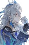  1boy ascot black_gloves blue_hair chalice coat cup genshin_impact gloves grey_hair hair_between_eyes highres holding holding_cup long_hair long_sleeves male_focus neuvillette_(genshin_impact) pointy_ears purple_eyes simple_background solo upper_body white_ascot white_background zaso 