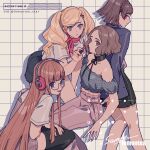  4girls artist_name bare_shoulders blonde_hair blue_eyes blunt_bangs braid brown_eyes brown_hair choker crown_braid feet_out_of_frame glasses grey_eyes grid_background hair_ornament hairclip headphones highres leaning_forward lemontea lipstick long_hair looking_at_viewer makeup midriff multiple_girls niijima_makoto okumura_haru open_mouth persona persona_5 red_eyes sakura_futaba sample_watermark shadow short_hair smile takamaki_anne thighhighs thighs twitter_username 