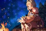  1girl animal_ear_fluff animal_ears brown_eyes brown_hair brown_jumpsuit campfire cape closed_mouth commentary_request commission feet_out_of_frame fire highres jumpsuit kunai long_sleeves looking_at_viewer nia_(xenoblade) night night_sky outdoors puffy_long_sleeves puffy_sleeves ribbed_jumpsuit skeb_commission sky smile solo star_(sky) starry_sky weapon white-paka white_cape xenoblade_chronicles_(series) xenoblade_chronicles_2 