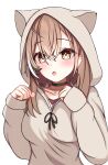  1girl absurdres animal_ear_headwear berry black_choker breasts brown_hair brown_hoodie choker collarbone earrings hair_between_eyes highres hololive hololive_english hood hoodie jewelry long_hair multicolored_hair nanashi_mumei necklace open_mouth panpanmc4 solo streaked_hair upper_body virtual_youtuber white_background white_hair yellow_eyes 