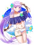  1girl arm_up bikini breasts cloud fire_emblem fire_emblem:_the_binding_blade flower frilled_bikini frills hair_flower hair_ornament hand_on_own_head highres long_hair looking_at_viewer medium_breasts navel purple_eyes purple_hair smile solo sophia_(fire_emblem) swimsuit thigh_strap tsukimura_(d24f4z8j3t) very_long_hair white_bikini 