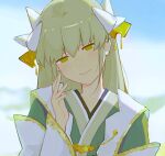  1girl blurry blurry_background dragon_horns fate/grand_order fate_(series) green_hair green_kimono hair_ornament half-closed_eyes head_tilt highres horns japanese_clothes kimono kiyohime_(fate) kshigatsu long_hair looking_at_viewer smile solo upper_body yellow_eyes 