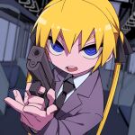  1girl black_necktie black_ribbon blonde_hair blue_eyes blurry blurry_background collared_shirt grey_jacket gun hair_ribbon handgun highres holding holding_gun holding_weapon jacket kill_me_baby long_hair long_sleeves looking_at_viewer necktie open_mouth ribbon shirt solo sonya_(kill_me_baby) train_interior twintails weapon white_shirt yachima_tana 