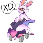  anthro big_ears black_eyes buckteeth clothing costume footwear hi_res lagomorph legwear leporid male mammal neckwear rabbit renita_reed scut_tail short_tail simple_background solo tail teeth tricycle white_background white_body xd 