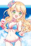  1girl bikini blonde_hair blue_bikini blush breasts cleavage collarbone flower food frilled_bikini frills green_eyes hair_flower hair_ornament jashin-chan_dropkick large_breasts long_hair looking_at_viewer navel official_art open_mouth poporon_(jashin-chan_dropkick) shaved_ice sky smile solo swimsuit v wristband yukiwo 