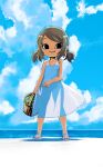  1girl basket black_eyes brown_hair cloud dress feet full_body highres muramasa_mikado original outdoors sandals see-through_silhouette short_hair sly smile solo standing sundress toes twintails white_dress 