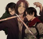  1girl 2boys black_hair blade_to_throat breasts brown_hair brown_jacket cloak commentary_request eren_yeager facial_mark green_cloak green_eyes grey_eyes holding holding_sword holding_weapon jacket levi_(shingeki_no_kyojin) long_hair medium_breasts mikasa_ackerman mo_cha_ri multiple_boys red_scarf scarf shingeki_no_kyojin short_hair sword weapon 