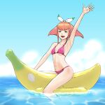  1girl absurdres aobito_sukoyaka_bystander arm_up armpits banana_boat barara_peol bikini blue_sky breasts check_commentary cloud collarbone commentary commentary_request covered_nipples day green_eyes gundam gundam_g_no_reconguista hair_ribbon highres navel ocean open_mouth outdoors pink_bikini pink_hair ribbon sidelocks sky small_breasts smile solo stomach swimsuit water waving white_ribbon 