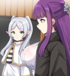  2girls blunt_bangs breasts capelet closed_mouth dress earrings elf fern_(sousou_no_frieren) frieren girl_staring_at_guys_chest_(meme) green_eyes grey_hair highres jewelry large_breasts long_hair looking_at_breasts machismo_fuji meme multiple_girls parted_lips pointy_ears purple_eyes purple_hair sidelocks sousou_no_frieren twintails white_capelet white_dress 