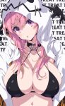  1girl absurdres bikini black_bikini blush breasts ghost_costume highres hood hood_up hoodie large_breasts long_hair looking_at_viewer navel oomura_karasu open_clothes open_hoodie open_mouth original pink_eyes pink_hair solo swimsuit trick_or_treat upper_body white_hoodie 