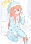  1girl barefoot blue_archive blue_eyes blue_headwear blue_pajamas blush buttons closed_eyes commentary_request hair_between_eyes halo hat highres k63sss long_hair long_sleeves mari_(blue_archive) multiple_views nightcap orange_hair pajamas parted_lips partial_commentary pillow pom_pom_(clothes) sleeping yellow_halo zzz 