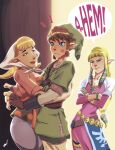  1boy 2girls blonde_hair blue_eyes breasts brown_gloves brown_hair cheating_(relationship) cleavage crossed_arms english_commentary fingerless_gloves gloves green_headwear hug link lipstick_mark long_hair multiple_girls peatrice_(skyward_sword) pointy_ears princess_zelda scamwich sidelocks speech_bubble the_legend_of_zelda the_legend_of_zelda:_skyward_sword 