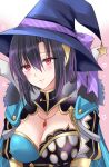  1girl asymmetrical_clothes black_hair blush breasts cleavage cleavage_cutout clothing_cutout fire_emblem fire_emblem_engage hair_between_eyes hat highres jewelry kirishima_riona large_breasts necklace nel_(fire_emblem) red_eyes short_hair solo upper_body witch_hat 