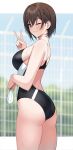  1girl ass bare_arms bare_shoulders black_hair black_one-piece_swimsuit blue_eyes breasts competition_swimsuit from_side hand_up highres holding large_breasts looking_at_viewer looking_to_the_side one-piece_swimsuit one_eye_closed original outdoors parted_lips short_hair smile solo sukebewe swimsuit thighs v wet 